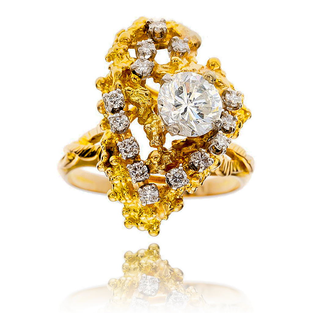 18K Yellow & White Gold Organic Inspired 1.50 Carat Solitaire Diamond Ring With Fourteen Accent Diamonds Default Title