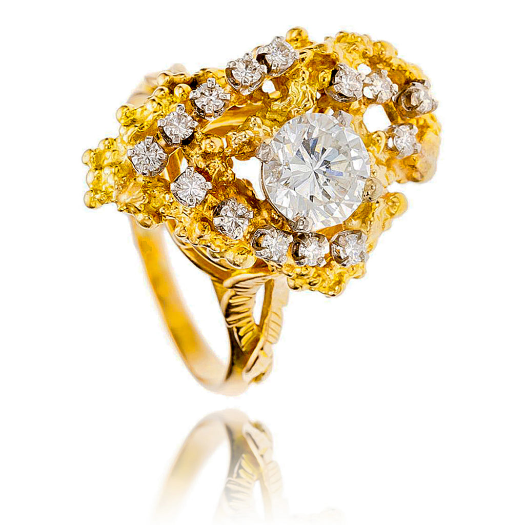 18K Yellow & White Gold Organic Inspired 1.50 Carat Solitaire Diamond Ring With Fourteen Accent Diamonds Default Title