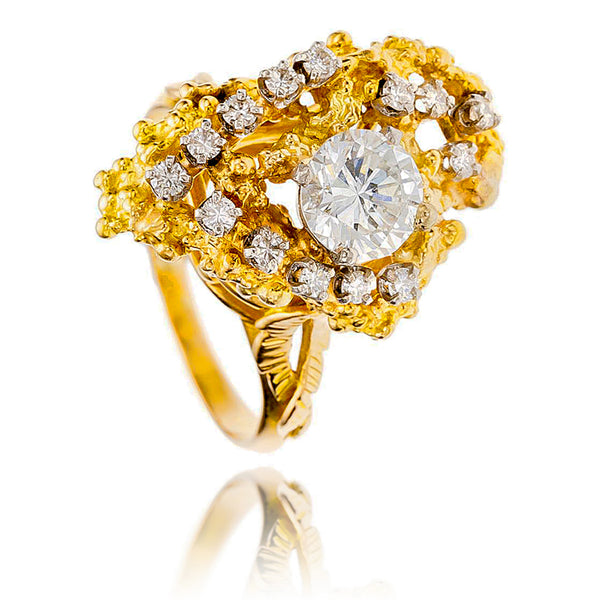 18K Yellow & White Gold Organic Inspired 1.50 Carat Solitaire Diamond Ring With Fourteen Accent Diamonds Default Title