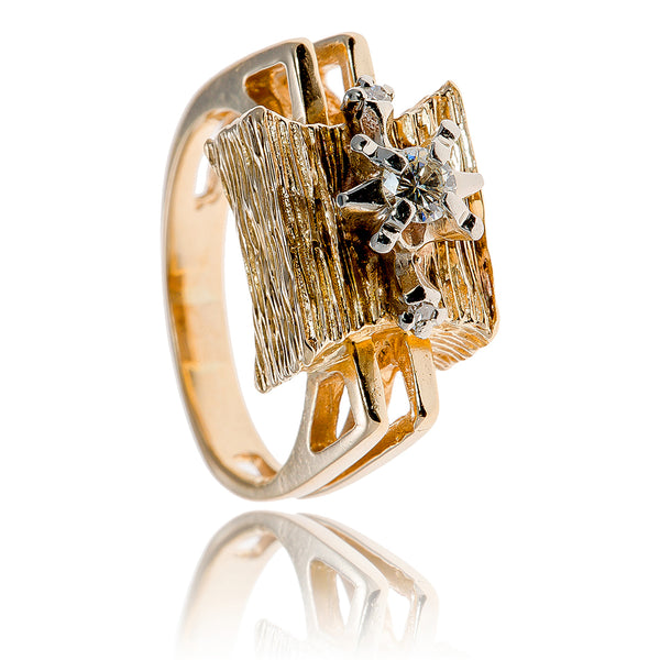 Custom Made 14KT Yellow and White Gold 3 Stone Ring with Bark Finish Default Title