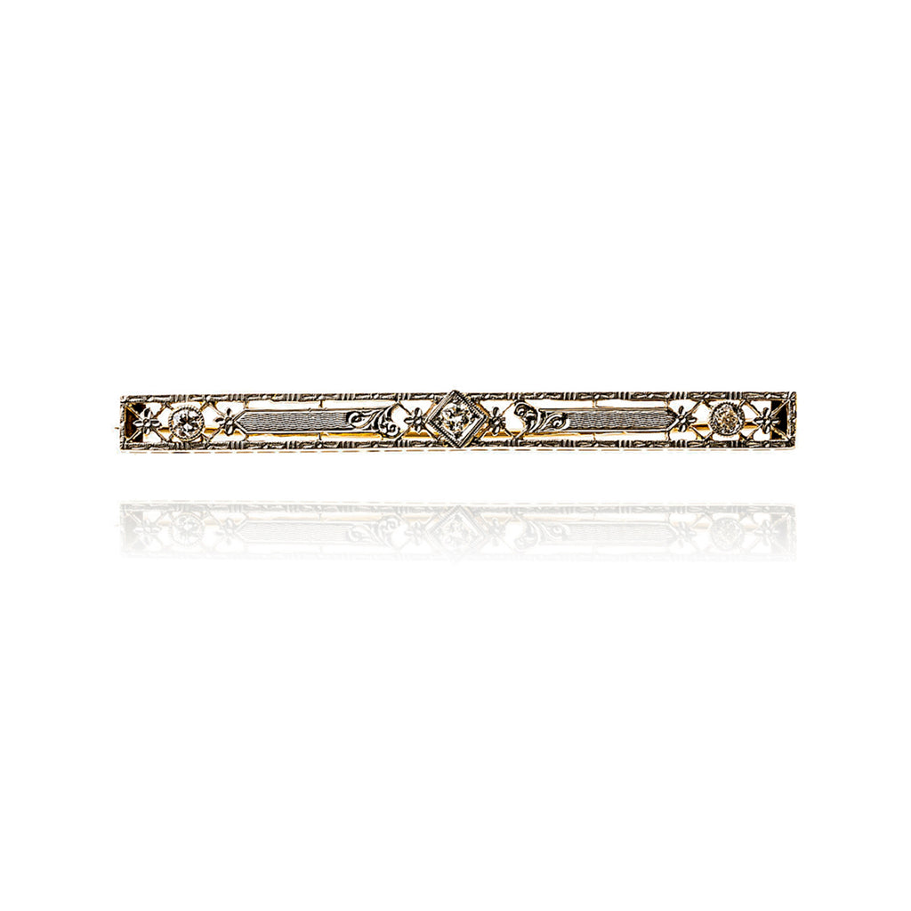 14K Yellow and White Gold Stunning Elongated Vintage Bar Pin with Edwardian Cut Diamonds Default Title