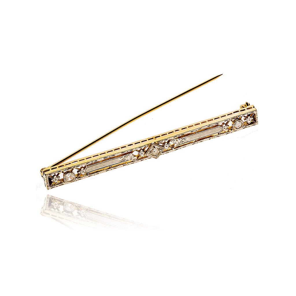 14K Yellow and White Gold Stunning Elongated Vintage Bar Pin with Edwardian Cut Diamonds Default Title