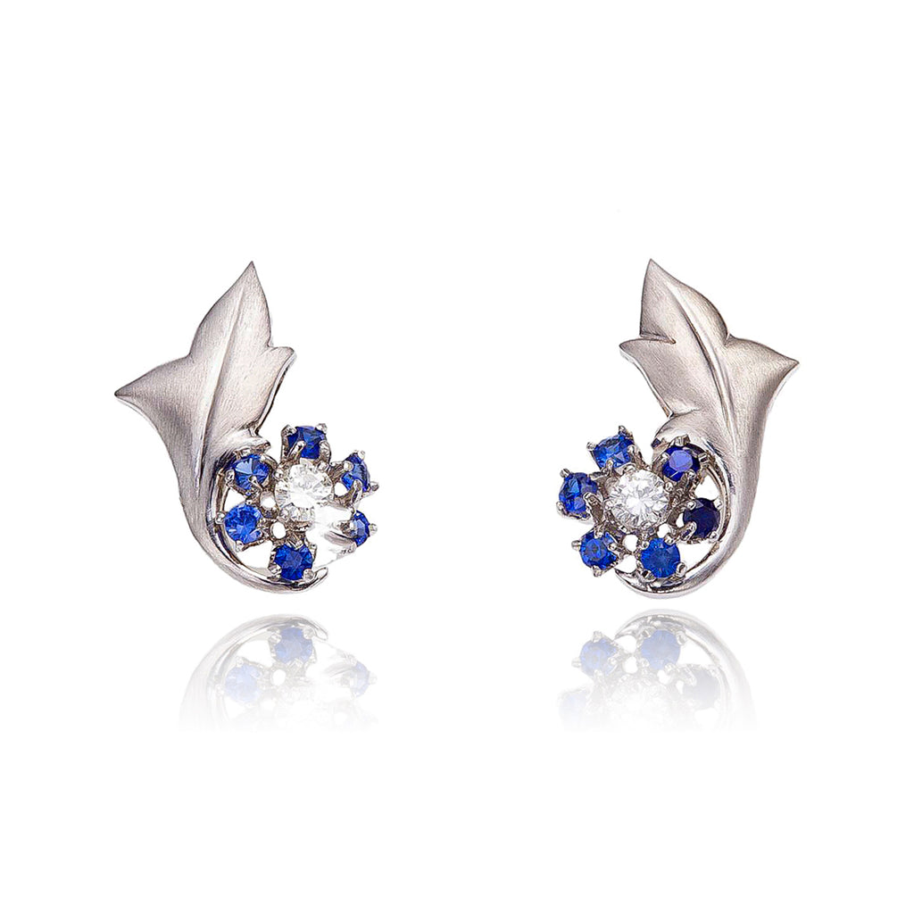 Paire Of Diamond & Synthetic Sapphire Cluster Rose Gold & Leaf Design Earrings Default Title