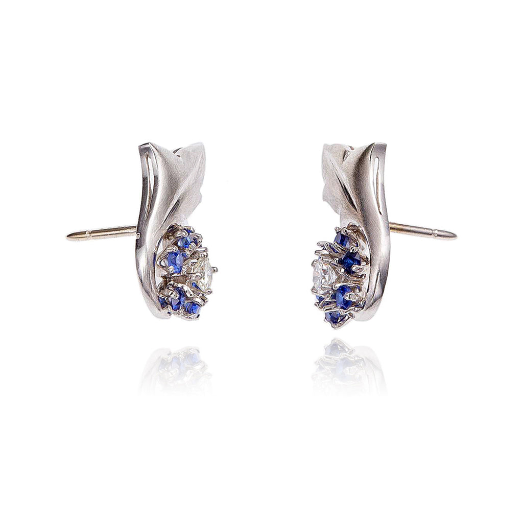 Paire Of Diamond & Synthetic Sapphire Cluster Rose Gold & Leaf Design Earrings Default Title