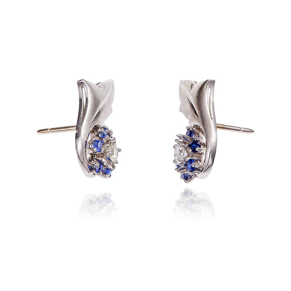 Paire Of Diamond & Synthetic Sapphire Cluster Rose Gold & Leaf Design Earrings Default Title