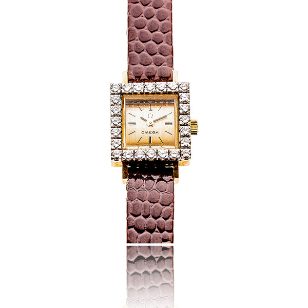 Lady's 18KT Yellow and White Gold OMEGA Swiss Made Dress Watch with Diamond Bezel and Calfskin Strap Default Title