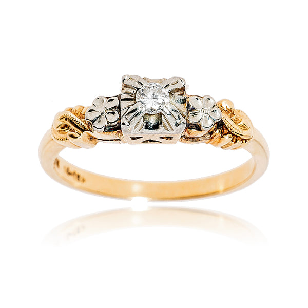 14-18KT Yellow and White Gold .07 Carat Solitaire Engagement/Promise Ring with Flower Detailing Default Title