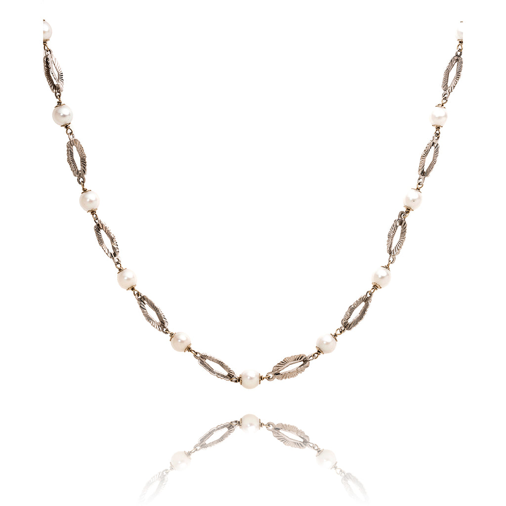 18KT White Gold Fancy Alternating Link Necklace with Pearls Default Title