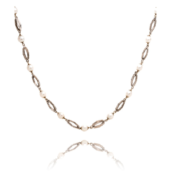 18KT White Gold Fancy Alternating Link Necklace with Pearls Default Title