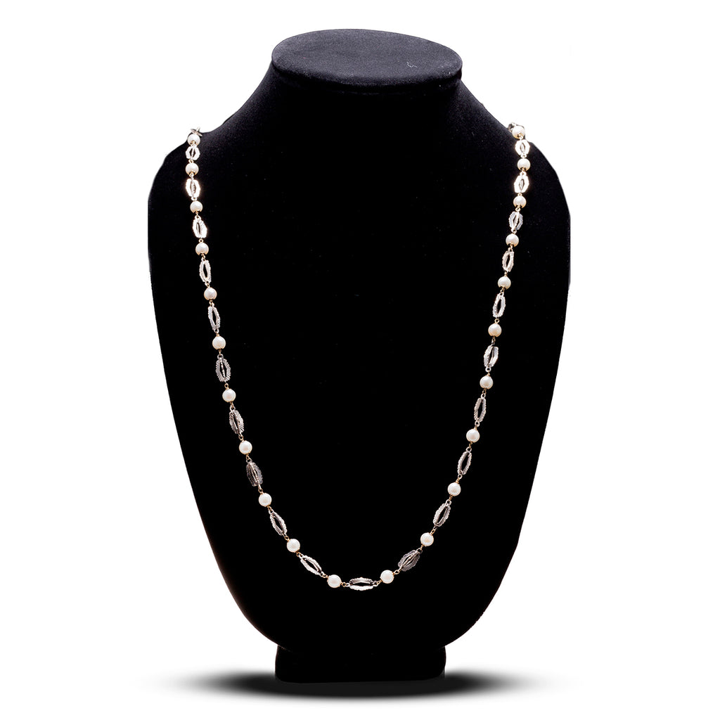 18KT White Gold Fancy Alternating Link Necklace with Pearls Default Title