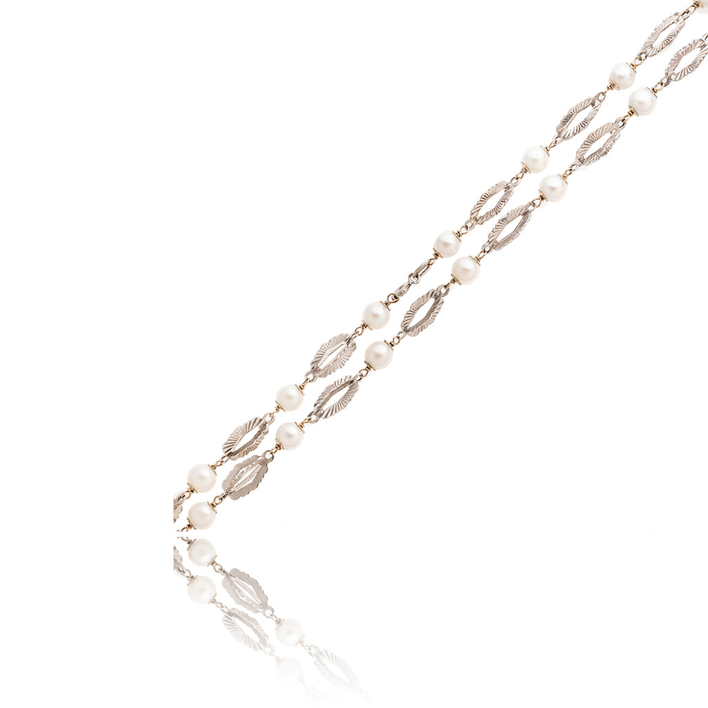 18KT White Gold Fancy Alternating Link Necklace with Pearls Default Title