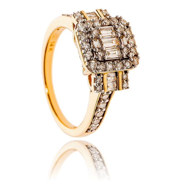 14KT Yellow Gold and Rhodium Enhanced Diamond Ring with Baguette and Round Cut Diamonds Default Title