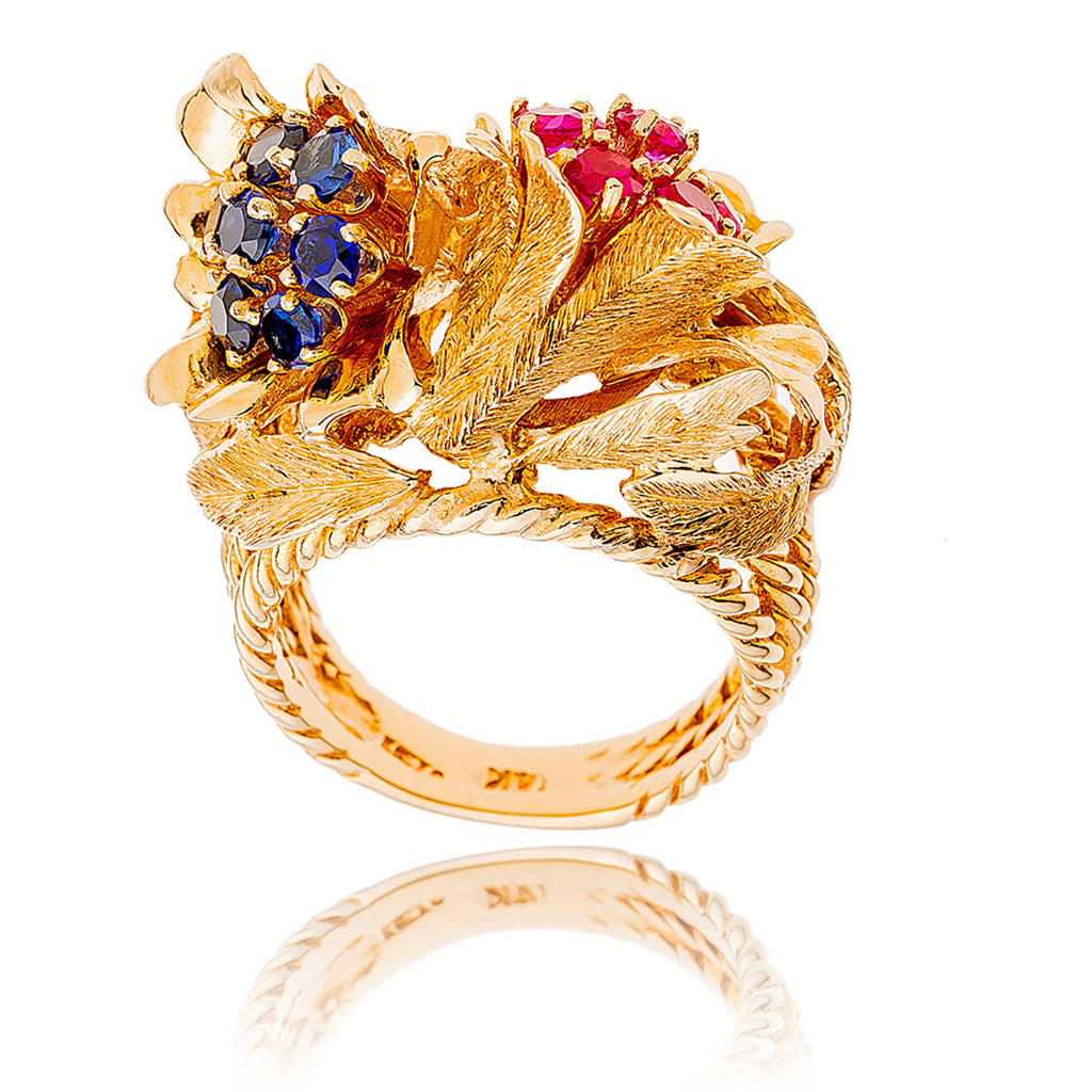 Custom Made 14KT Yellow Gold Flower Ring with Synthetic Rubies and Sapphires Default Title