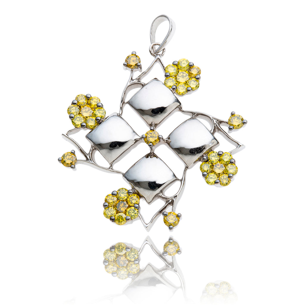 18K White Gold Snowflake Designed Pendant Featuring Yellow Diamonds Default Title