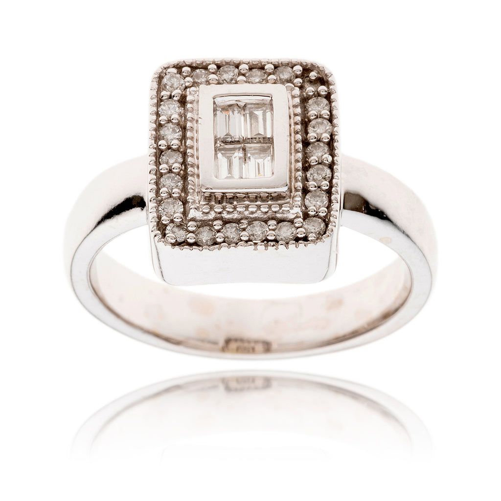 14K White Gold Rectangular Shaped Ring With Baguette & Round Brilliant Cut Diamonds Default Title