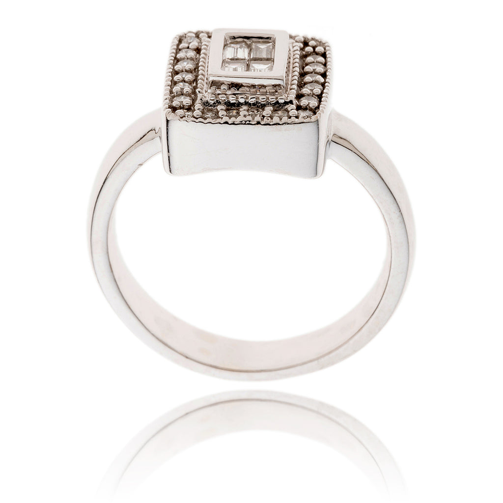 14K White Gold Rectangular Shaped Ring With Baguette & Round Brilliant Cut Diamonds Default Title