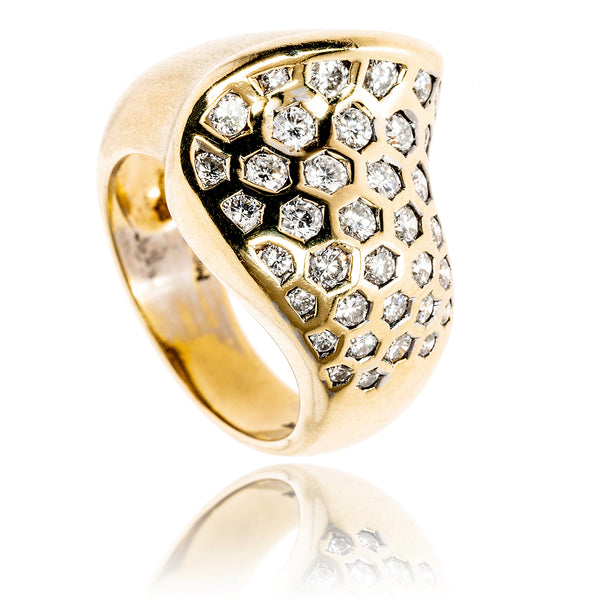 18KT Yellow Gold Satin and High Polished Honeycomb Design Ring with Diamonds Default Title