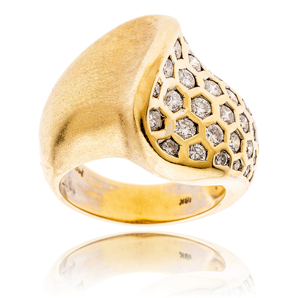 18KT Yellow Gold Satin and High Polished Honeycomb Design Ring with Diamonds Default Title