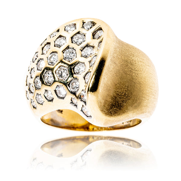 18KT Yellow Gold Satin and High Polished Honeycomb Design Ring with Diamonds Default Title