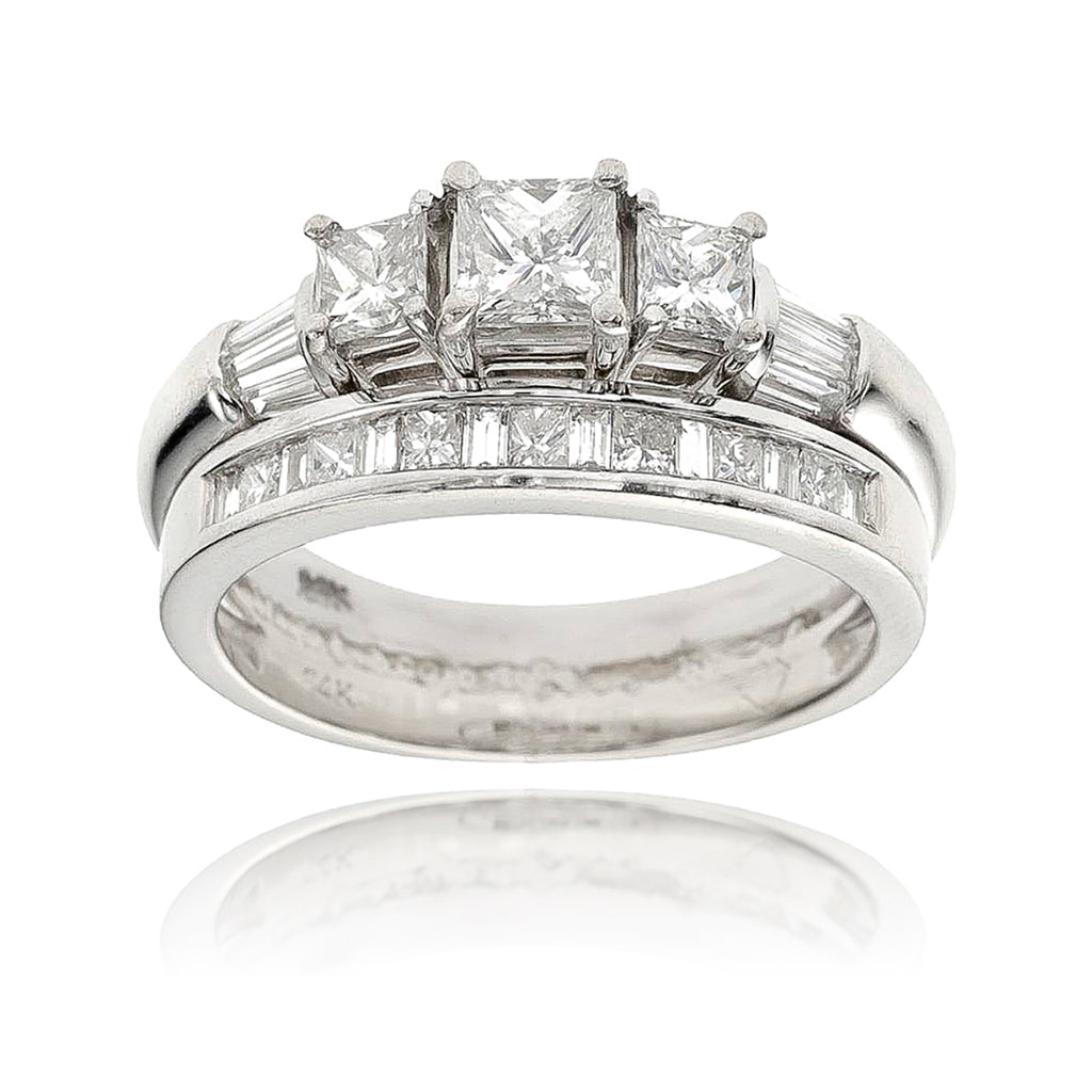 14KT White Gold 3-Princess Cut and Baguette Cut Diamond Engagement Ring with Matching Soldered Princess Cut Band Default Title