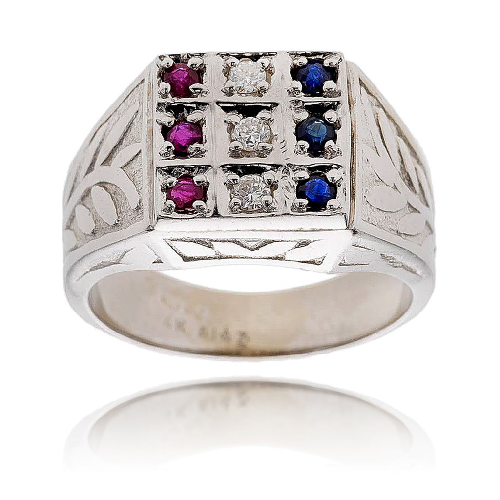 Gentleman'S 14K White Gold 9-Stone Sapphire, Ruby & Diamond Ring Default Title