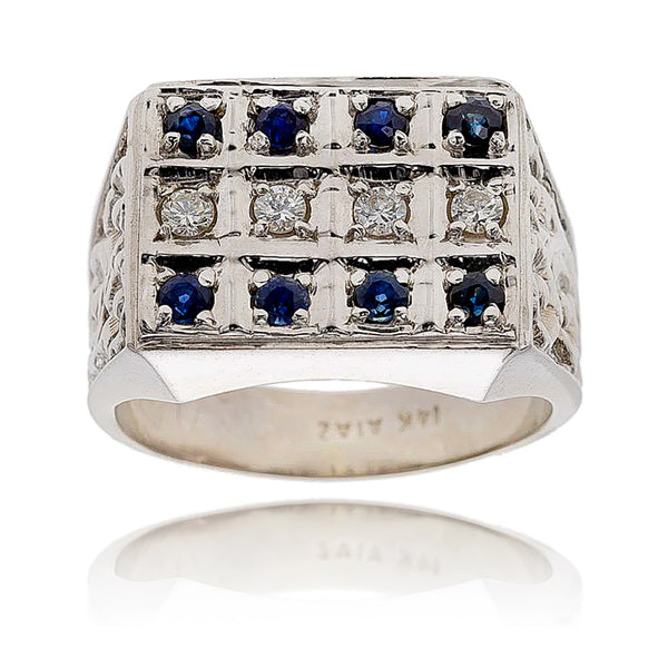 Gentleman's 14KT White Gold 12 Stone Sapphire and Diamond Ring Default Title