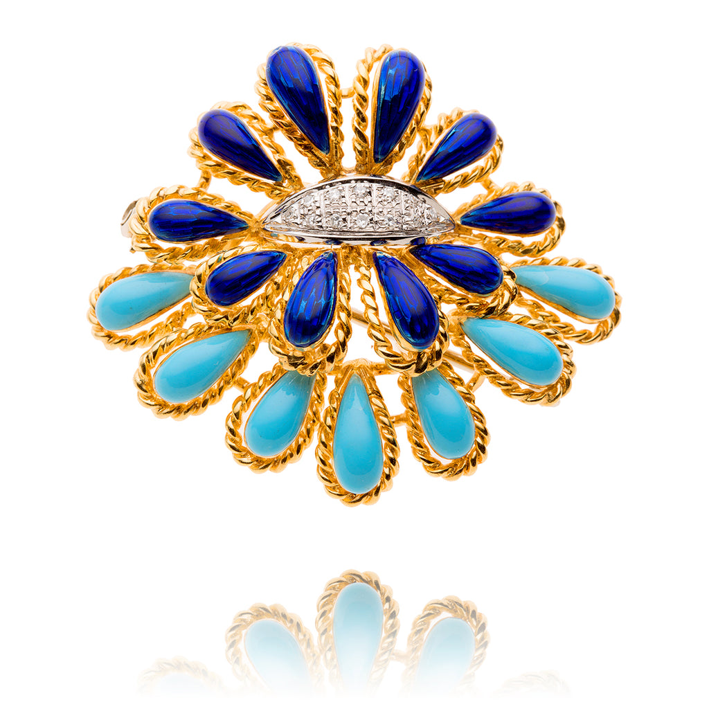 18K Yellow & White Gold Diamond Brooch With Turquoise & Cobalt Blue Enameling Default Title