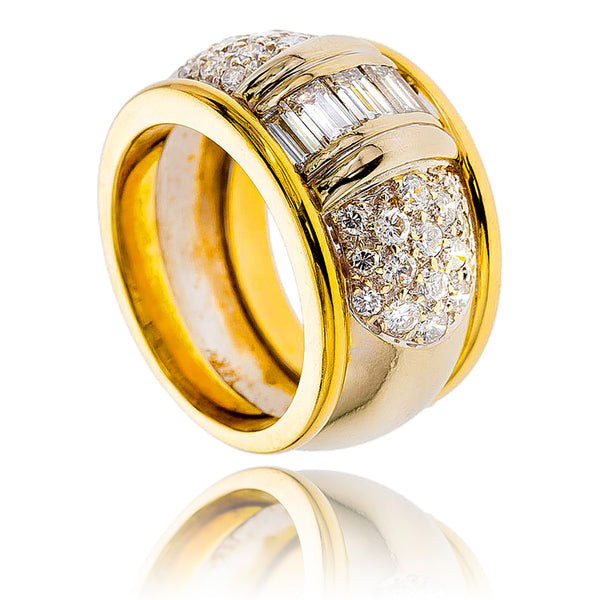 14K Yellow & White Gold Wide BandStyle Ring With Baguette & Round Shaped Diamonds Default Title