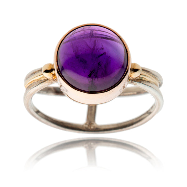 .925 & 9K Yellow Gold Round Cab Amethyst Ring Default Title