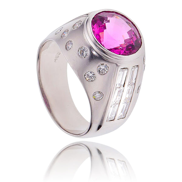 Handsome Custom Made 18K White Gold Bezel-Set Rubelite & Diamond Ring Default Title