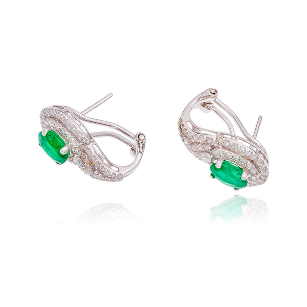 18K White Gold Custom Emerald & Diamond Omega Back Earrings Default Title