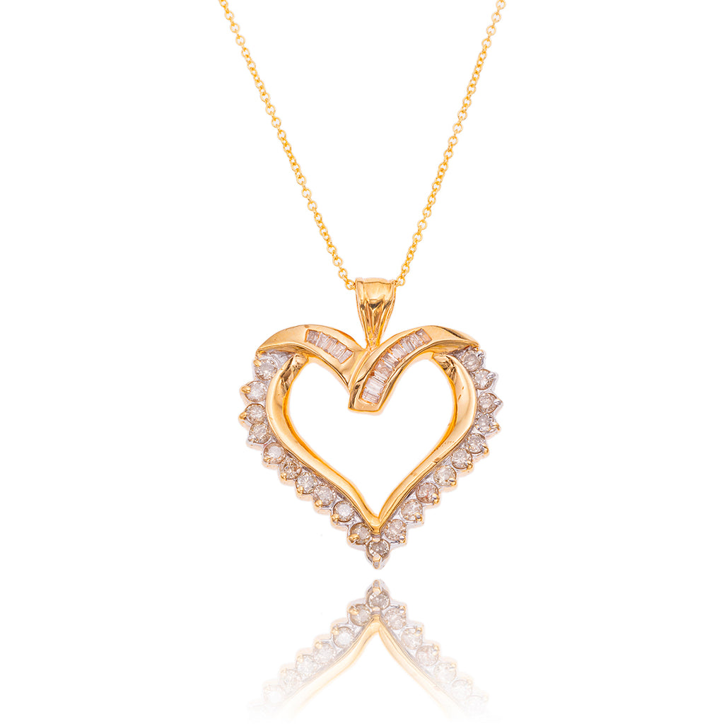 10K  Yellow Gold Baguette & Round Diamond Heart Pendant With Gold Chain Default Title