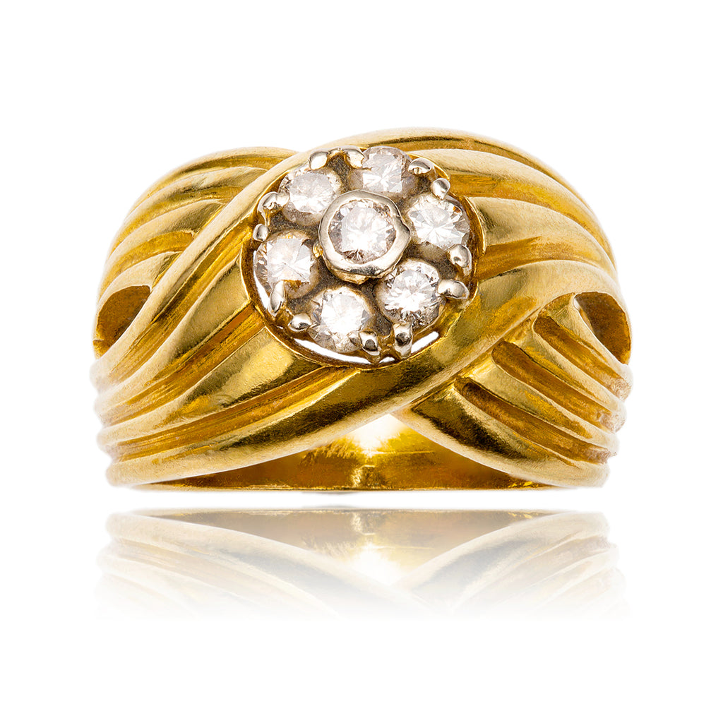 18K Yellow Gold Diamond Cluster Ring With Twist Ribbed Band Default Title