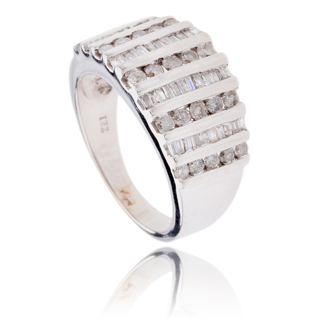 10K White Gold Alternating Baguette & Round Channel-Set Diamond Ring Default Title