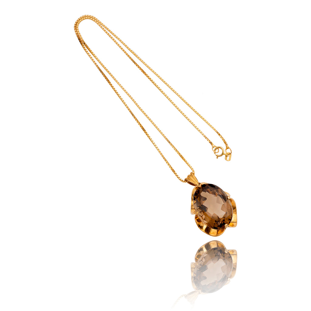 14K Yellow Gold Oval Smokey Quartz Pendant With Gold Chain Default Title