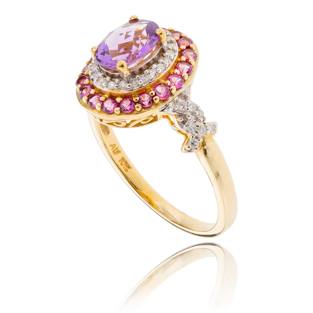 10K Yellow Gold  Oval Amethyst & Diamond Cluster Ring Default Title