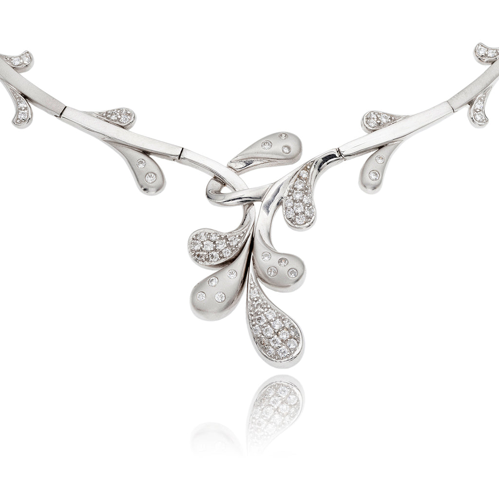 18K White Gold Fancy Leaf Design Necklace With Cubic Zirconia's Default Title