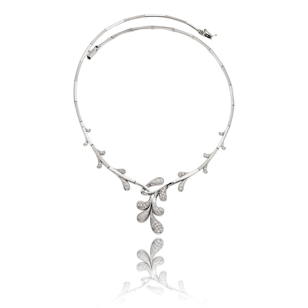 18K White Gold Fancy Leaf Design Necklace With Cubic Zirconia's Default Title