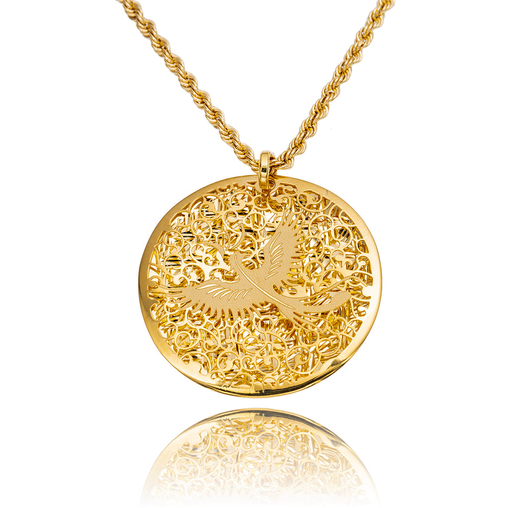 14K Yellow Gold Pierced Bird Circle Pendant With A 16" Gold Rope Chain Default Title