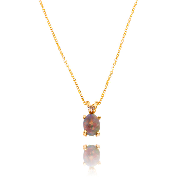 14K Yellow Gold Opal & Diamond Pendant With Chain Default Title