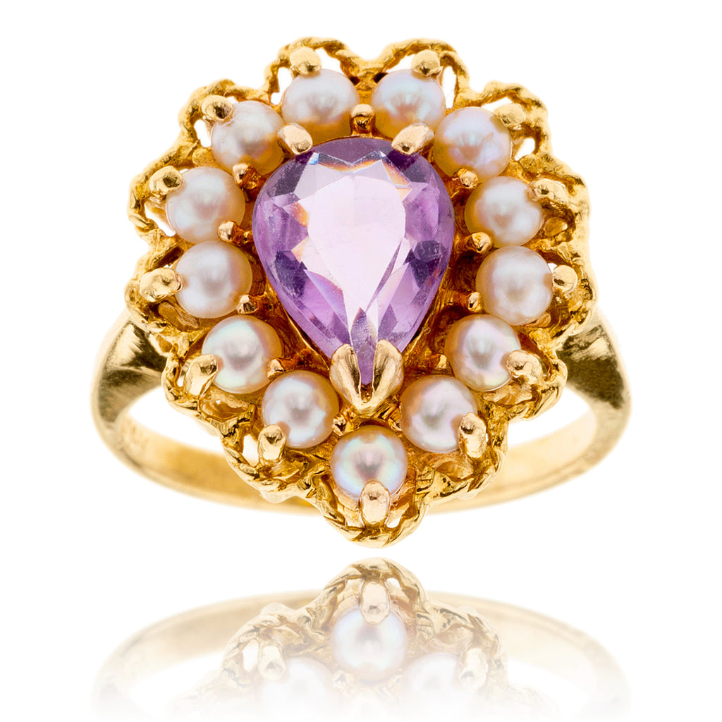 14K Yellow Gold Pear Shaped Amethyst  & Pearl Cluster Ring Default Title