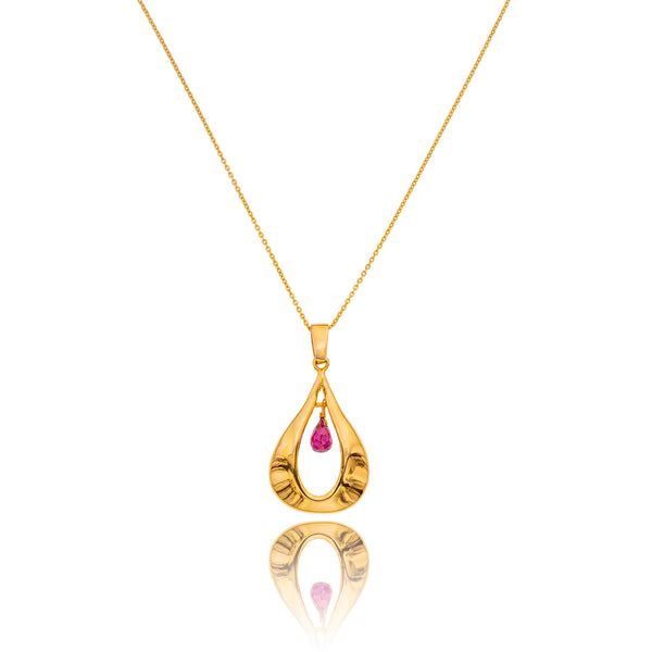 18K Yellow Gold Pear Shape Drop Pendant  With A Briolette Garnet & Gold Chain Default Title